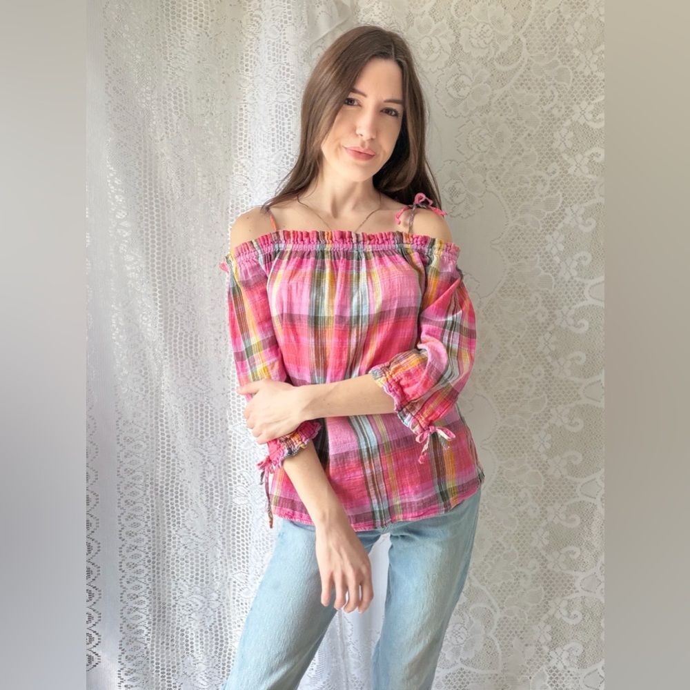 Pink Plaid Off Shoulder Peasant Top Boho Cottagecore